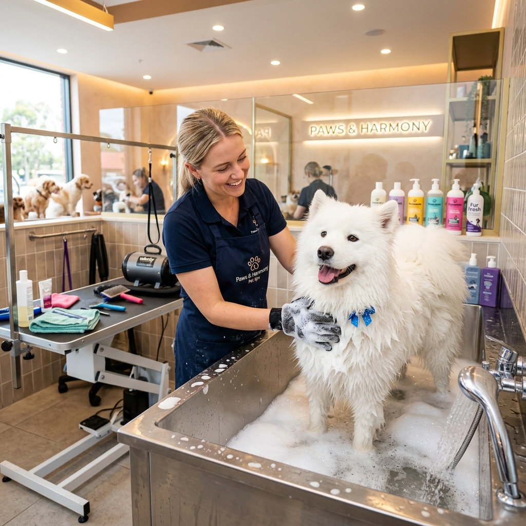 Cachorro Samoyed curtindo um banho com espuma no setor de estética da PetRec